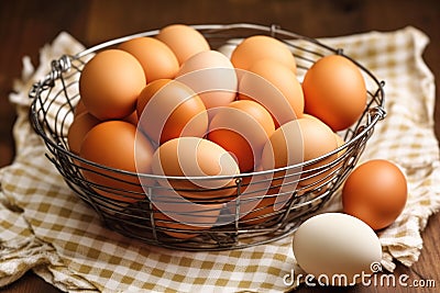 Regal Rooster: A Closeup Moment at the Basket of Eggs on the Tab Stock Photo