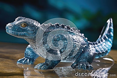 A regal water dinosaur gliding gracefully through the crystal blue waters its presence commanding attention.. AI Stock Photo