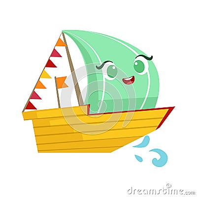 Regatta Sailing Boat, Cute Girly Toy Wooden Ship With Face Cartoon Vector Illustration