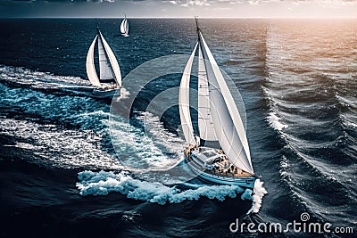 Regatta sailing ship yachts with white sails at opened sea in windy condition. AI Generation Stock Photo