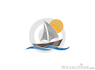 Regatta yacht sealing with sun and sea logo design Cartoon Illustration