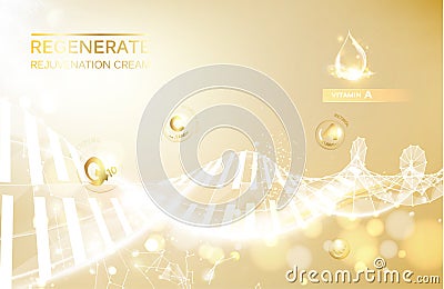 Regenerate face cream and Vitamin complex concept. Shining golden dna concept. Vitamin E drop in form of sphere. Beauty Vector Illustration