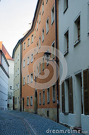 Regensburg, Bavaria, Germany - 11.11.2014: Streets of Bavarian Regensburg. This city is an example of a well-preserved large Editorial Stock Photo