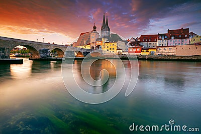 Regensburg, Germany at autumn sunrise. Stock Photo