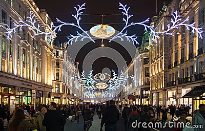 Regent street. London gets Christmas decoration. Streets beautifully lit up with lights, London Editorial Stock Photo