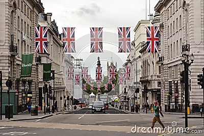 Regent street London Union Jack flags Editorial Stock Photo