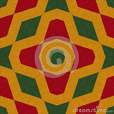 Reggae colors crochet knitted style background, top view. Collage with mirror reflection with rhombus. Seamless kaleidoscope monta Stock Photo