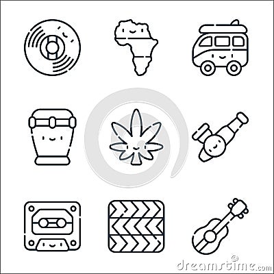 Reggae line icons. linear set. quality vector line set such as acoustic guitar, reggae, cassette, pipe, weed, bongo, van, africa Vector Illustration