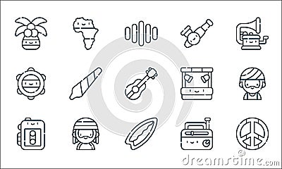 Reggae line icons. linear set. quality vector line set such as peace, surfboard, old radio, reggae, tambourine, stage, pipe, Vector Illustration