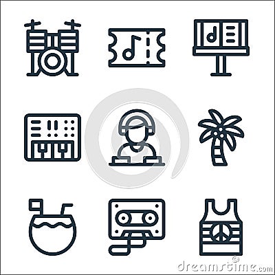 Reggae line icons. linear set. quality vector line set such as , cassette, coconut drink, palm tree, dj, synthesizer, music stand Vector Illustration