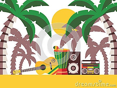 Reggae music beach party, vector illustration. Musical instruments on the sand under palm trees. Guitar and percussion Vector Illustration