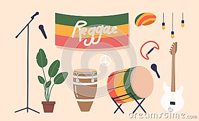 Reggae Music Elements Set. Flag, Microphone, Rastafarian Hat And Drum. Guitar, Tambourine, Houseplant And Lamps Vector Illustration