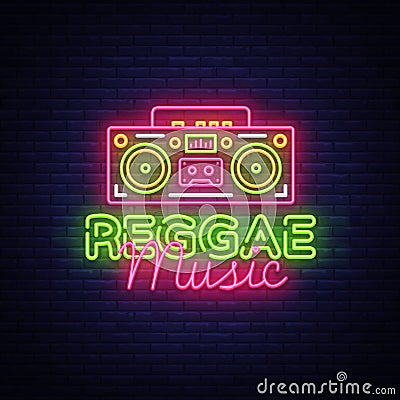 Reggae Music Neon Logo Vector. Reggae neon sign concept, design template, modern trend design, night neon signboard Vector Illustration