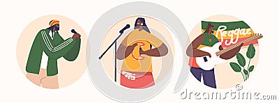 Reggae Musicians Exude Infectious Energy On Stage, Swaying To Rhythmic Beats, Engaging The Crowd With Soulful Melodies Vector Illustration