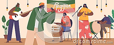 Reggae Musicians Exude Infectious Energy On Stage, Swaying To Rhythmic Beats, Engaging The Crowd With Soulful Melodies Vector Illustration