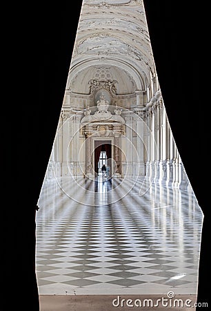 Reggia di Venaria Reale, Italy - corridor perspective, luxury marble, gallery and windows - Royal palace Editorial Stock Photo