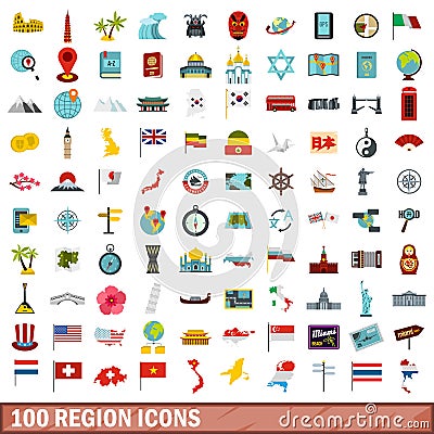 100 region icons set, flat style Vector Illustration