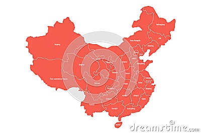 Regional map of administrative provinces of China. Red map with white labels on white background. Vector illustration Vector Illustration