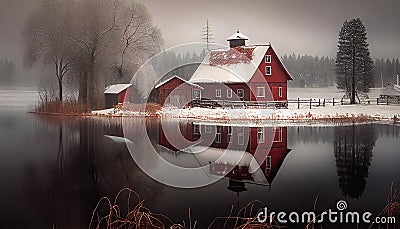 Regionalism in Winter: A Serene Portrait of a Red Barn in a Snowy Field Stock Photo