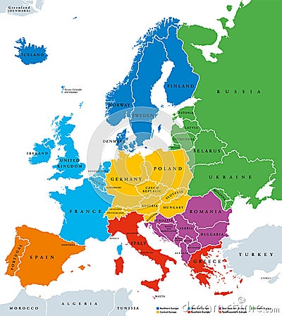 Regions of Europe political map, single countries, English labeling Vector Illustration