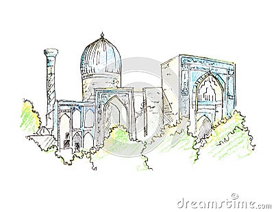 Registan. Main Square in the center of Samarkand, a city in Uzbekistan. Middle East. Samarkand square, architectural ensemble of Cartoon Illustration