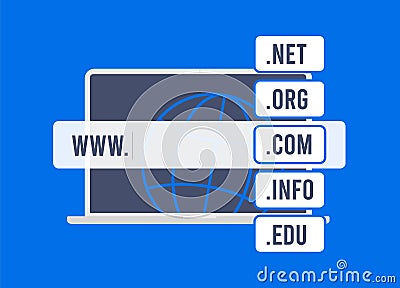 Register Domain Name - search and buy available website domain names. Optimize SEO and search ranking with right name and Cartoon Illustration