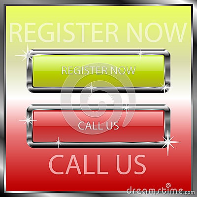 Register now and call us buttons on a color reflective surface Vector Illustration