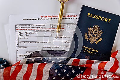 Registration American vote with USA passport covered by American Flag Stock Photo