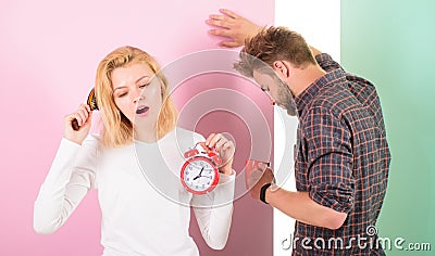 Regret late regime. We should go to bed earlier. Woman and man sleepy tousled hair drink morning coffee. Couple morning Stock Photo