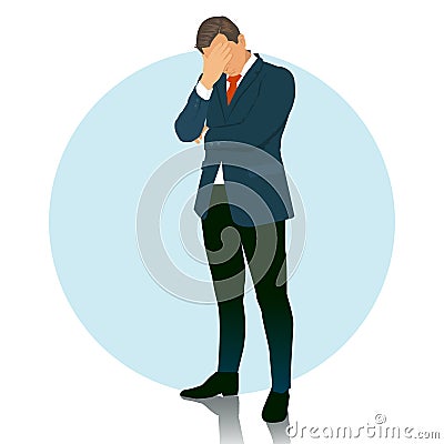 Regret young business man standing and thinking, full length portrait isolated, flat style Vector Illustration