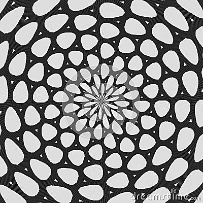 Regular black and white curled pattern aligned radially. Halftone line ring illustration. Abstract fractal background. Cartoon Illustration
