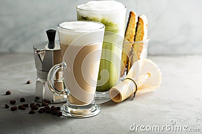 Regular coffee and matcha latte Stock Photo