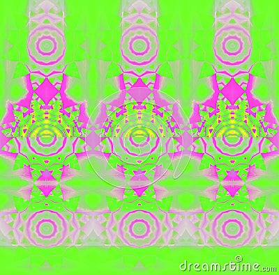 Regular concentric circle ornaments pink violet magenta on bright green Stock Photo
