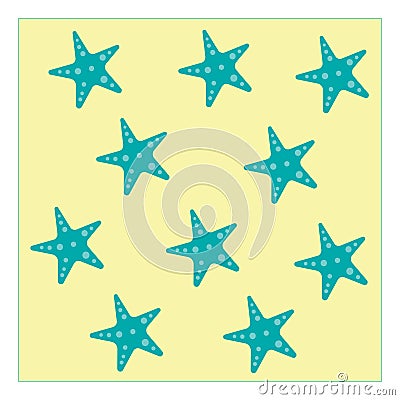 Regular pattern or texture of blue starfish over yellow background, vector or color illustration Vector Illustration