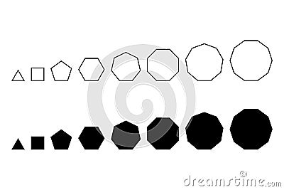 Regular polygons, with the same line segment length, in a row Vector Illustration