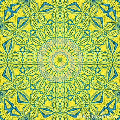 Regular round symmetric ornament in star shape light blue pale green yellow centered Stock Photo