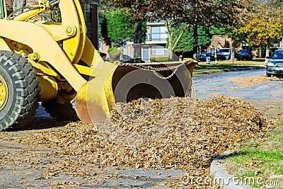 Regular seasonal work on city improvement team removes the fallen leaves with an excavator and a truck Stock Photo