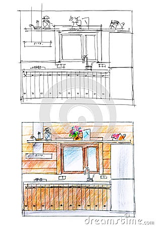 Regular sketch and its color variant of a kitchen in pale shades Stock Photo