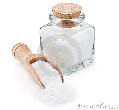 Regular table salt in a glass bottle Stock Photo