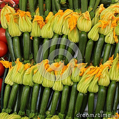 Regular zucchinis with yellow flowers Stock Photo