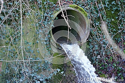 Regulated stream or brook coming from underground out of a large pipe in a small waterfall from a vertical wall. Stock Photo