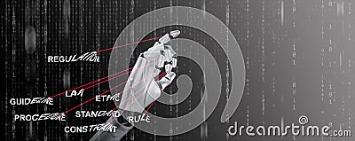 Regulation of AI development. Clear policy on artificial intelligence helps regulate and prevent its misuse. Robotic hand is Stock Photo