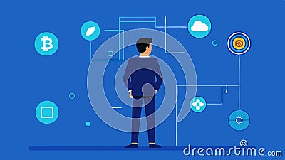 Regulatory Frameworks An auditor standing in front of a large blueprint of regulatory frameworks with icons of various Vector Illustration