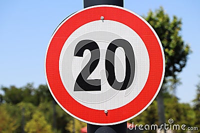 Regulatory signs, maximum speed limit traffic sign 20 KM. Stock Photo