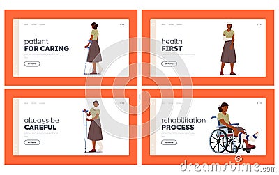 Rehab after Accident Landing Page Template Set. Woman with Fracture. Black Female Characters with Broken Legs and Arms Vector Illustration