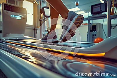 Rehabilitation Center: Sneakers on treadmill at sunrise Stock Photo