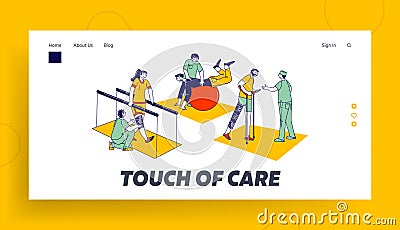 Rehabilitation, Disabled Physiotherapy Landing Page Template. Characters Engaged Adaptive Physical Education Vector Illustration