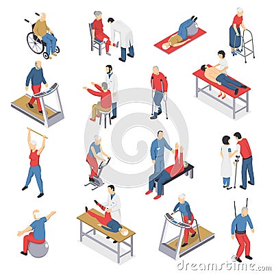 Rehabilitation Physiotherapy Isometric Icons Set Vector Illustration