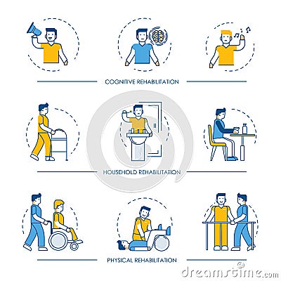 Rehabilitation vector human man icons for cognitive, physical and household rehabilitation medicine therapy Vector Illustration