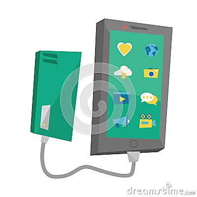 Reharging smartphone from portable battery. Vector Illustration